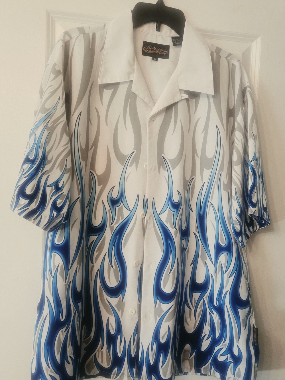 Vintage 1990s Flame Print Short-Sleeve Button-Up Shirt Jacket - Blue & White